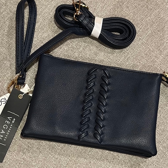 ISABELLE VEGAN BLUE CROSSBODY BAG /WRISTLET /CLUTCH w CHEETAH LINING 3 SECTIONS - Picture 1 of 8